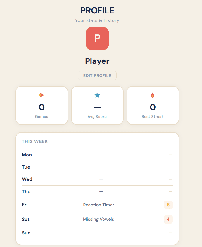 Profile — stats, streak, and weekly history