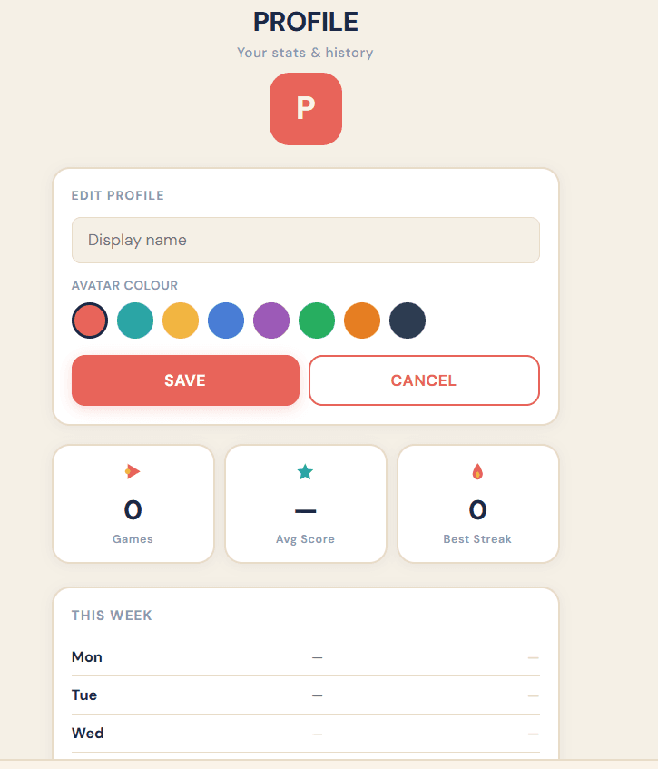 Edit profile — display name and avatar colour